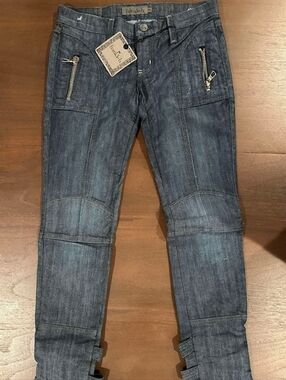 Frankie B. Slate-Style Blue Denim Pants with Silver Zipper Accent